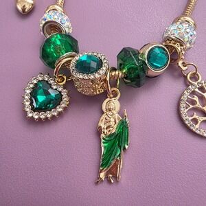 St Jude Thaddeus Charm Bracelet Tone Emerald Green Crystal Tree of Life Heart